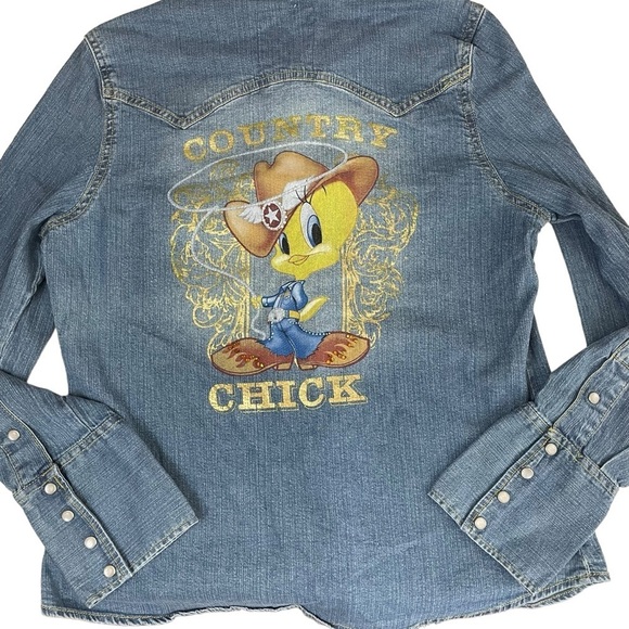 Country Royalty CR Tweety Country Chic Pearl Snap Button Up Denim Shirt - Picture 14 of 16